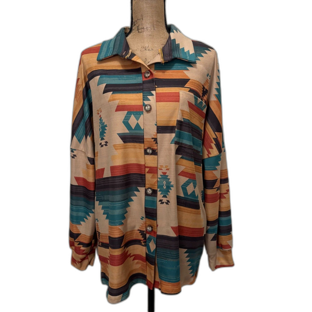 Avery Apparel Southwestern Print Button‎ Up Multicolor Buttery Soft Size Large
